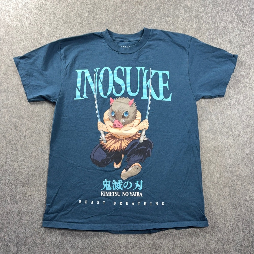 BoxLunch Demon Slayer Inosuke Mens Graphic T-Shirt L  Beast Breathing  Teal Blue